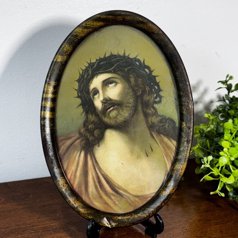 Vintage Jesus Crown of Thorns Lithograph in Oval Frame 5x7" Wood Backing